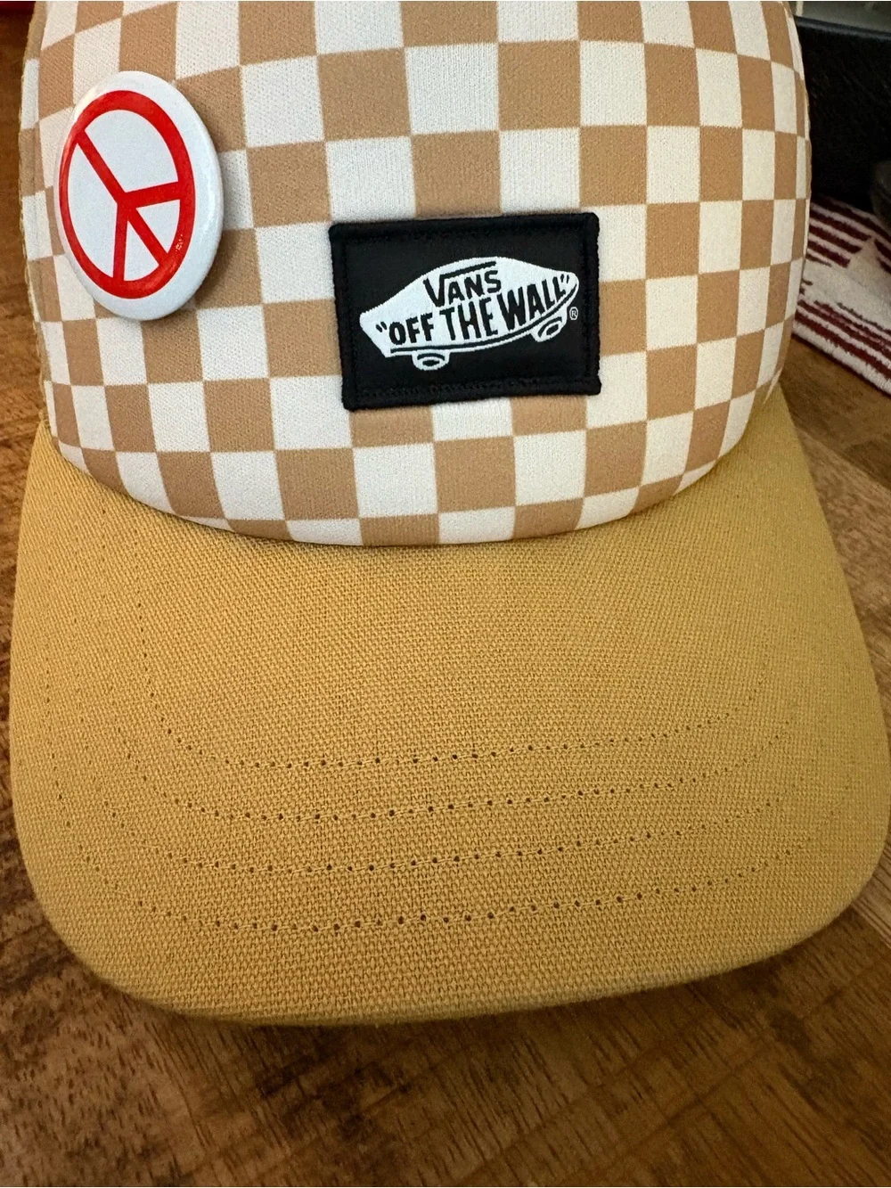 Vans Tan & White Checkerboard Trucker Hat with Peace Pin